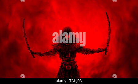 Schwarze silhouette Frau Krieger mit zwei Klingen. Fantasy Abbildung. Hintergrund rot. Stockfoto