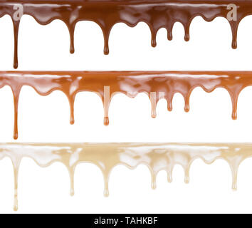 Verschiedenen Schokolade auf Kuchen top Set schmelzen. Dunkle, Milch und weißen sind im Preis inbegriffen. Stockfoto