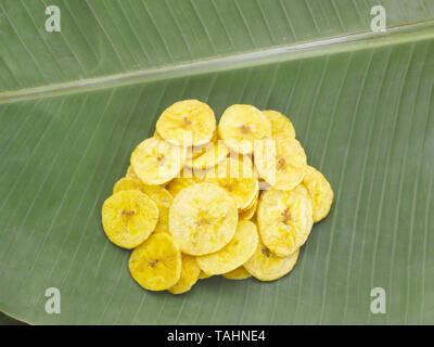 Noch immer LEBEN VON BANANA WAFERS AUF EINEM GRÜNEN KOCHBANANE BLATT Stockfoto