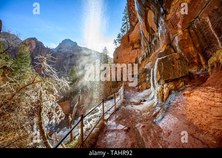 Wasserfall fällt von überhängenden Felsen im Winter, Emerald Pools Trail Wanderweg entlang Virgin River, Zion National Park, Utah, USA Stockfoto