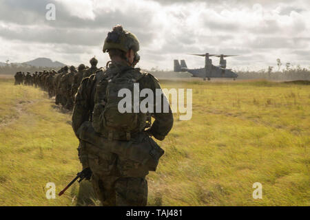 Australische Soldaten mit 6 Bataillon, Royal Australian Regiment (RAR) Durchführung einer Antenne über ein MV-22 Osprey während der Übung südlichen Jackaroo, Shoalwater Bay, Queensland, Australien, 25. Mai 2019. Südliche Jackaroo ist eine trilaterale Übung gehostet von 6 RAR, in Verbindung mit der Marine die Drehkraft - Darwin Marines und Service Mitglieder von der japanischen Boden Verteidigung-kraft. (U.S. Marine Corps Foto: Staff Sgt. Jordan Gilbert) Stockfoto