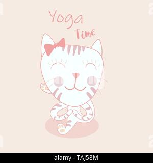 Cartoon cat Cute im Yoga meditation darstellen, einen marichyasana Position auf rosa Hintergrund, kann es als Poster, Postkarte, kostenlos Yoga, spor verwendet werden. Stock Vektor