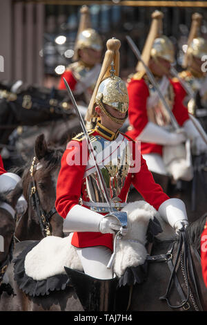 Die Mall, London, UK. 25. Mai 2019. Household Cavalry Truppen des Lebens Wachen draussen Buckingham Palace die Vorbereitung für die erste von zwei formale Bewertungen, bevor die Farbe am 8. Juni 2019. Credit: Malcolm Park/Alamy Leben Nachrichten. Stockfoto