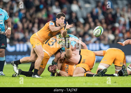 Sydney, Australien. 25 Mai, 2019. Tomas Cubelli der Jaguares Fütterung den Rücken während des Super Rugby-spiel zwischen Waratahs und Jaguares an Bankwest Stadion, Sydney, Australien, am 25. Mai 2019. Foto von Peter Dovgan. Nur die redaktionelle Nutzung, eine Lizenz für die gewerbliche Nutzung erforderlich. Keine Verwendung in Wetten, Spiele oder einer einzelnen Verein/Liga/player Publikationen. Credit: UK Sport Pics Ltd/Alamy leben Nachrichten Stockfoto