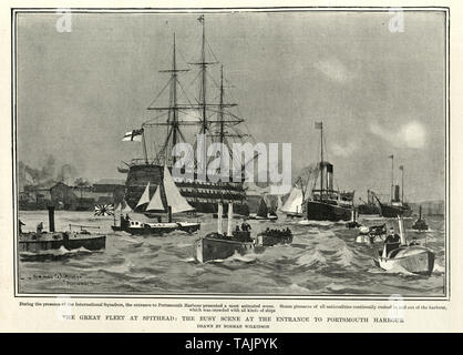 Große Flotte in Spithead, belebte Szene am Eingang zu Portsmouth Harbour, 1902 Stockfoto