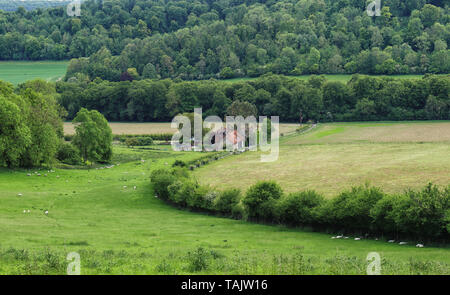 Eine englische Landschaft in der Chiltern Hills mit Bauernhaus im Tal Stockfoto