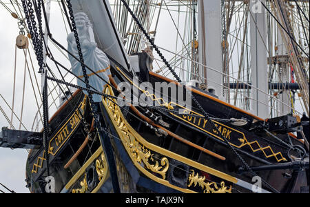 LONDON GREENWICH DEN BUGSPRIET und AUSHÄNGESCHILD AUF DER TEA CLIPPER Cutty Sark Stockfoto