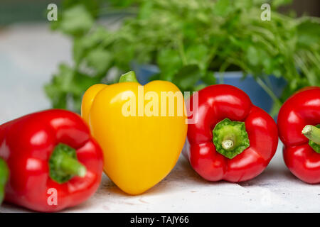 Drei rote Gemüsepaprika in Vorverpackungen mit einem gelben Paprika und Koriander im Hintergrund Stockfoto