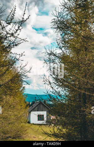 Wunderschönes, weißes Haus im Wald, perfekte Ort zum letzten Jahre ihres Lebens verbringen. Darstellung der Perfektion. blauer Himmel, Bewölkter Tag Stockfoto