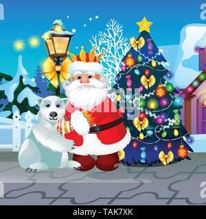 Geschmückten Weihnachtsbaum, Laterne animierte Santa Claus und Eisbären. Beispiel für Poster, party Urlaub Einladung, festliche Karte. Vektor cartoon schließen Stock Vektor