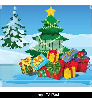 Weihnachtsbaum mit Dekorationen, Geschenkboxen, Christbaumkugeln, Schleife. Beispiel für Poster, party Urlaub Einladung, festliche Banner, Karte. Vektor Cartoon Stock Vektor