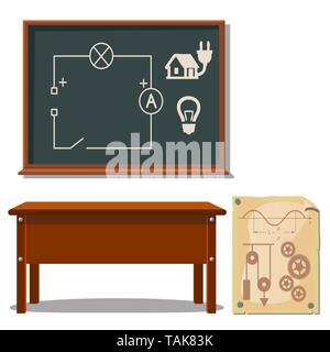 Die einfachste elektronische Schaltung auf einer Tafel auf einem weißen Hintergrund. Physik Unterricht in der Schule. Vektor cartoon Close-up Abbildung. Stock Vektor