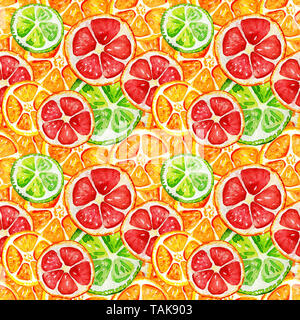 Nahtlose Muster mit Orange, Grapefruit und Limone. Tropische erfrischend exotisch. Sommer Konzept. Aquarell Illustrationen. Stockfoto