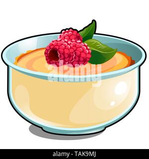 Kinder Haferbrei mit frischen Beeren Himbeere auf weißem Hintergrund. Ernährung für Säuglinge und Kinder. Vektor Cartoon Illustration close-up. Stock Vektor