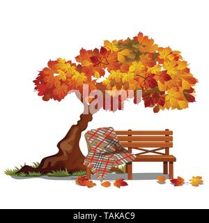 Gemütliche Bank unter dem Baum im Herbst. Gartenmöbel auf weißem Hintergrund. Skizze über das Thema der Goldene Herbst. Vektor cartoon close-up Stock Vektor