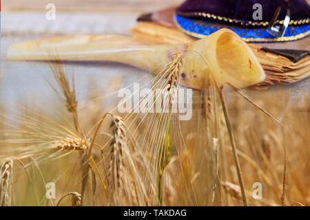 Shavuot jüdische Feiertag Thora und Schofar, kippa Weizenfeld Hintergrund. Stockfoto