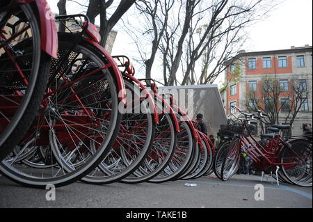 Rote Fahrräder ordentlich in einer Reihe geparkt Stockfoto