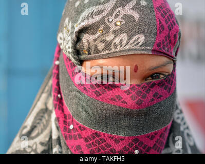 Junge indische Rajasthani Frau mit einem roten Bindi auf ihrer Stirn bedeckt ihr Gesicht mit einer säkularen Staub Schleier. Stockfoto