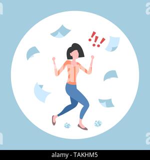 Unzufrieden Geschäftsfrau werfen Papier wütend emotionale Geschäftsfrau, Konflikt nicht Konzept Dokumente in der Luft flach in voller Länge fliegen Stock Vektor