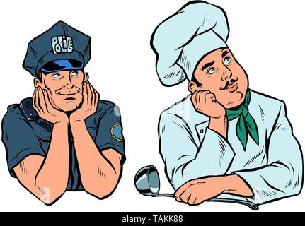 Träumt man, Polizist und Kochen. Pop Art retro Vektor illustration Vintage kitsch Stock Vektor