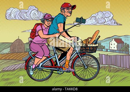 Alte Mann und die alte Dame Reisende auf dem Fahrrad, selfie auf dem Smartphone. Pop Art retro Vektor illustration Vintage kitsch Stock Vektor