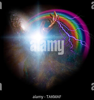 Surreale digitaler Kunst. Schaffung der Materie. Galaxie mit Regenbogen. Gottes Hand strahlt Blitz Stockfoto