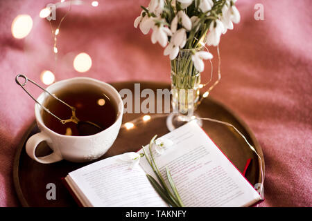 Tasse te mit Schneeglöckchen und offenes Buch im Bett Nahaufnahme. Guten Morgen. Frühling Saison. Stockfoto