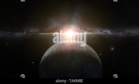 Sonnenaufgang über Planet Merkur von der Sonne und der Milchstraße (3D-Render, Elemente dieses Bild von der NASA eingerichtet sind). Stockfoto