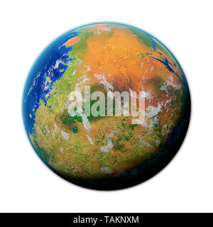 Terraforming Mars, der Rote Planet mit Pflanzen, Wasser und Sauerstoff Atmosphäre, isoliert auf weißem Hintergrund (3D-Illustration, Elemente dieser imag Stockfoto