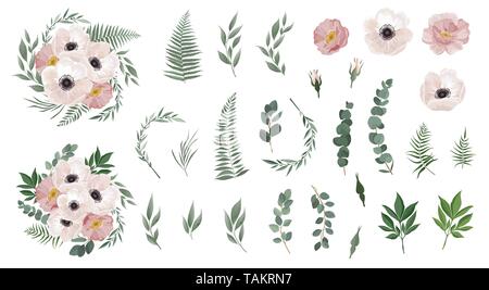 Eingestellt von floralen Zweig. Anemonen, Rosa, grüne Blätter. Blumen Poster, einladen. Satz Blätter, flowersbranches Kräuter und andere natürliche Elemente Stock Vektor