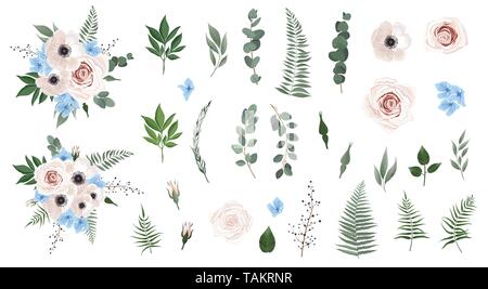 Eingestellt von floralen Zweig. Anemonen, Rosa, grüne Blätter. Blumen Poster, einladen. Satz Blätter, flowersbranches Kräuter und andere natürliche Elemente Stock Vektor