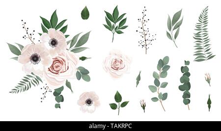 Eingestellt von floralen Zweig. Anemonen, Rosa, grüne Blätter. Blumen Poster, einladen. Satz Blätter, flowersbranches Kräuter und andere natürliche Elemente Stock Vektor
