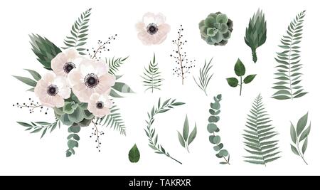 Eingestellt von floralen Zweig. Anemonen, Rosa, grüne Blätter. Blumen Poster, einladen. Satz Blätter, flowersbranches Kräuter und andere natürliche Elemente Stock Vektor