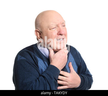 Ältere Menschen mit Asthma Angriff auf weißem Hintergrund Stockfoto