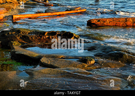 Ein horizontales Bild von Wellen plätschern auf einer felsigen Küste mit dem schönen warmen Licht des frühen Morgens auf Vancouver Island British Columbia können Stockfoto