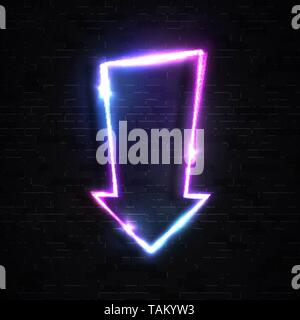 Neon leuchtenden Pfeil auf schwarzem Mauer Hintergrund. Bunt und Glänzend Retro Licht unterzeichnen. Im Stil der 80er Jahre Nachtleben Schild design Element. Brig Stock Vektor