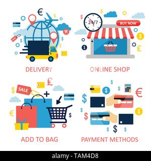 Online shoppingand e-commerce Abbildung. Flaches Design grafische Elemente, Zeichen, Symbole, helle Symbole gesetzt. Premium Qualität. Modernes Konzept für Web Stock Vektor