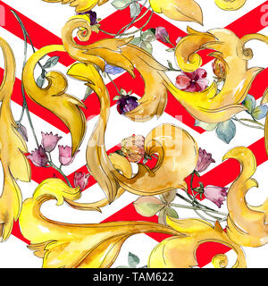 Gold Monogramm floralen Ornament. Barock design isolierte Elemente. Aquarell Abbildung. Aquarell Zeichnung mode Aquarelle. Nahtlose backgrou Stockfoto