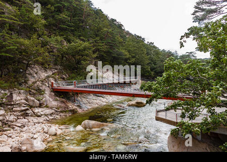 Eiserne Brücke über den Fluss, Berg Kumgang, touristische Region, special administrative region North Korea Stockfoto