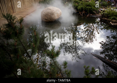 Große Boulder schmückt einen künstlichen Teich im Garten Stockfoto