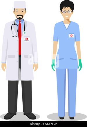 Medizinische Teamarbeit Konzept. Detaillierte Darstellung von Mann und Frau Rettungssanitäter, Notarzt, Krankenschwester im flachen Stil. Praktizierende Ärzte Stock Vektor