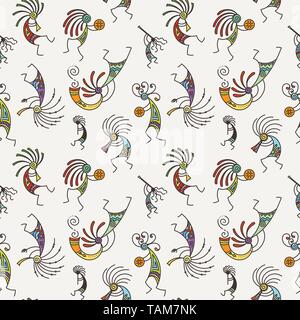 Hand Kokopelli nahtlose Muster gezeichnet. Stilisierte mythische Zeichen Flöten zu spielen. Vektorgrafiken für Drucke. Design, Karten, Kinder- und Malbücher, Stock Vektor