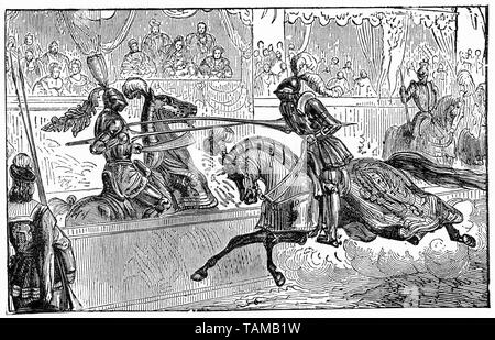 Gravur von zwei Ritter in Rüstung auf die Listen Fischerstechen. Stockfoto