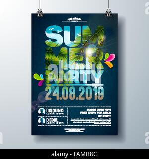 Summer Party Flyer Design mit Palmen und Meer Landschaft in der Typografie Schreiben. Vektor Sommer Natur floralen Elementen und tropischen Pflanzen Stock Vektor