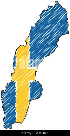 Schweden Karte Hand gezeichnete Skizze. Vektor Konzeption Illustration flag, Kinder Zeichnen, Kritzeln Karte. Land Karte für Infografik, Broschüren und Stock Vektor