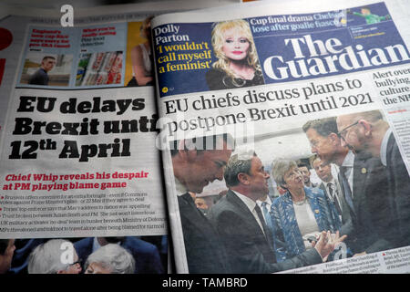 "EU-Leiter besprechen Pläne Brexit bis 2021' und 'EU-verzögerungen Brexit bis zum 12. April" Theresa May Brexit Titelseite Schlagzeilen in London England Großbritannien UK Europa Europäische Union EU zu verschieben. Stockfoto