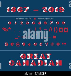 Alphabet für Feier Design 1. Juli in den nationalen Kanada Flagge Schrift auf dunkelblauem Hintergrund mit Text große kanadische. Vector Illustration. Ca Stock Vektor