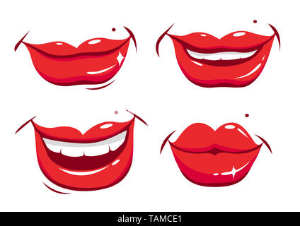 Lächelnde weibliche Lippen. Lächelnde Münder. Lippen reden und lachen. Stockfoto