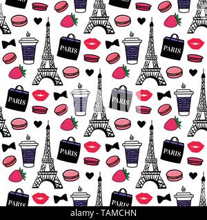 Pariser Stil. Eiffelturm mit Kaffee und Makronen. Design Oberfläche. Vektor Skizze Hintergrund. Stock Vektor