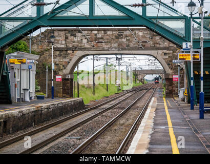 Drem Station, East Lothian, Scotlan, d Großbritannien, 27. Mai 2019. Die Dampflok Scotsman kehrt nach ihren Touren durch Schottland nach Süden zurück und passiert den Bahnhof früh um 6.30 Uhr morgens Stockfoto